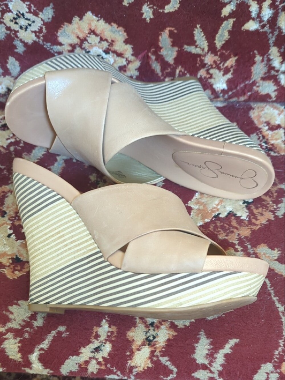 Jessica Simpson Gemy Nude Crossover Wedge Sandals with Striped Platform